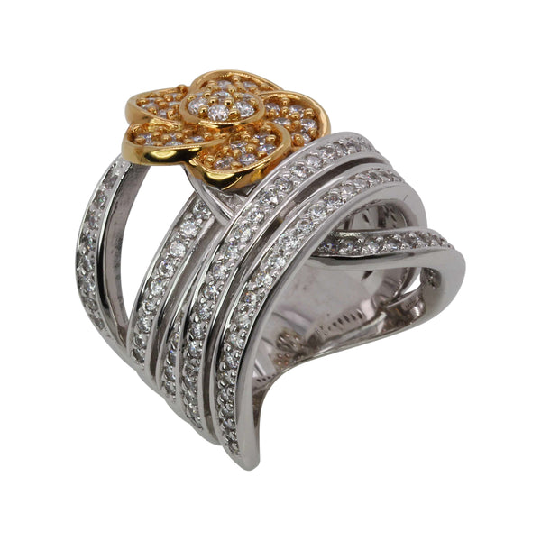 SS Two Tone CZ Floral Station & Wrap Band Ring