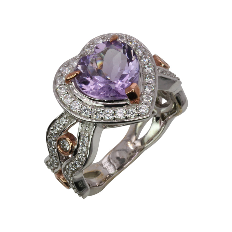 SS Amethyst Heart & CZ Two Tone Ring