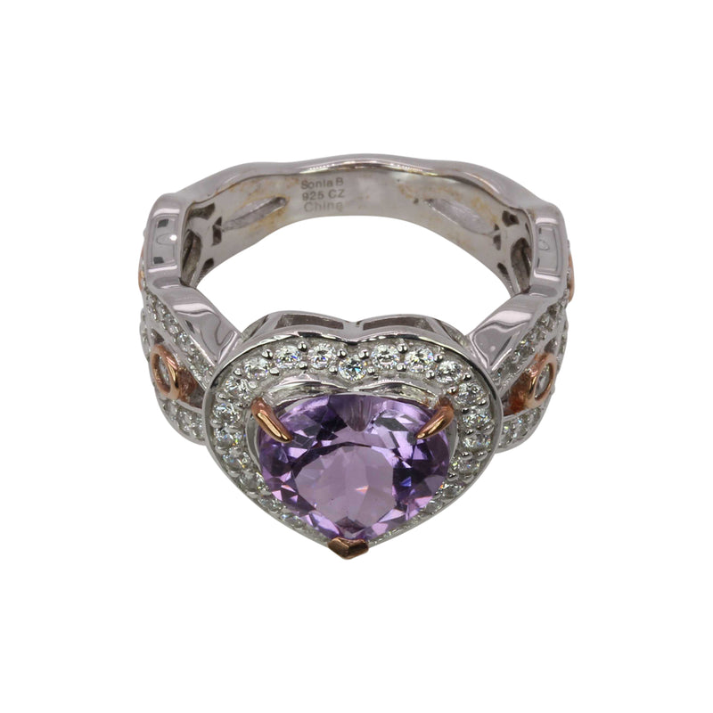 SS Amethyst Heart & CZ Two Tone Ring