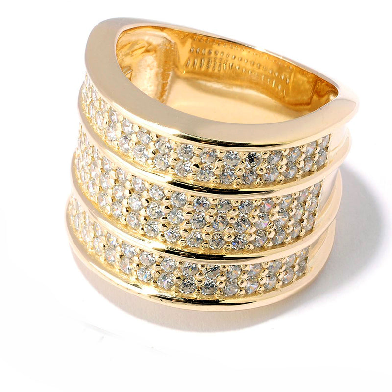 Plated SS & Cz Three Row Pave Wide Band Ring