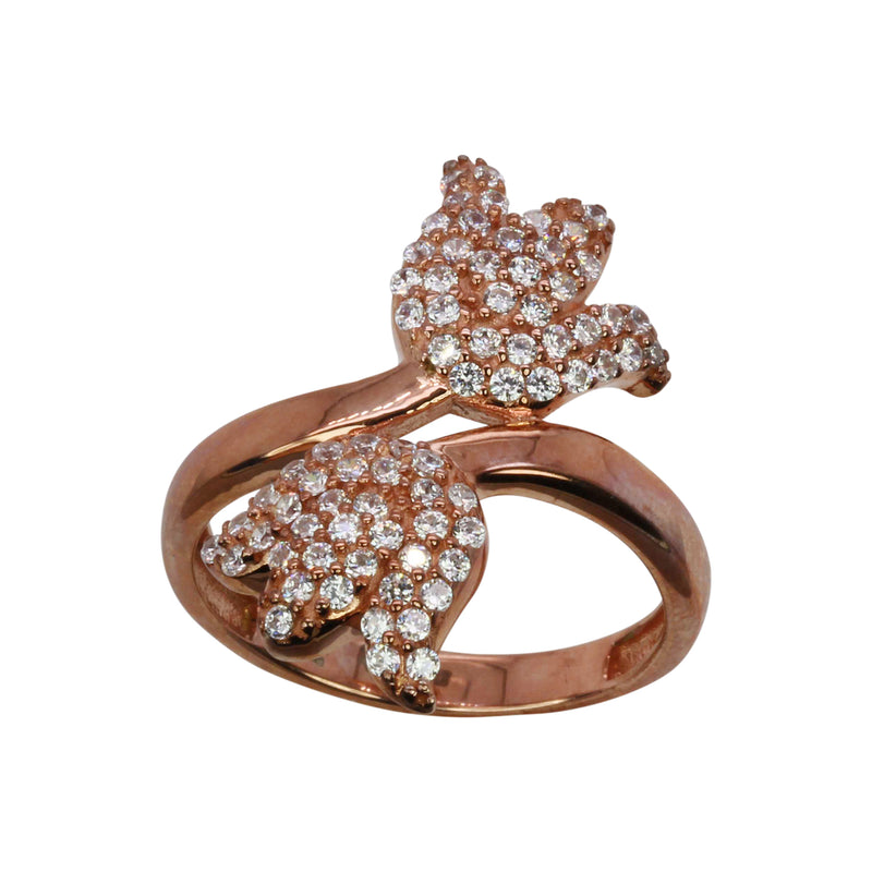 Rose Plated SS & Cz Pave Tulip Bypass Ring