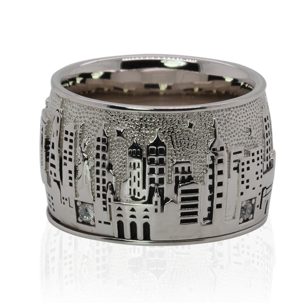 SS & White Cubic Zirconia New York City Skyline Ring