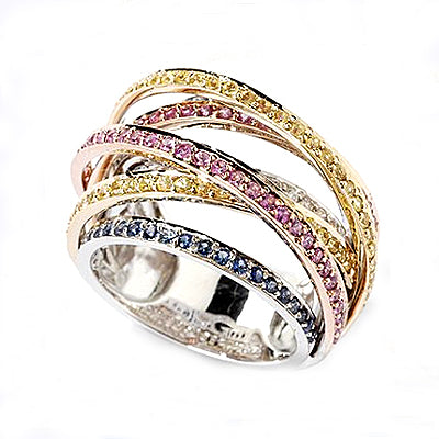14k Gold Multi Sapphire & Diamond Criss Cross Ring